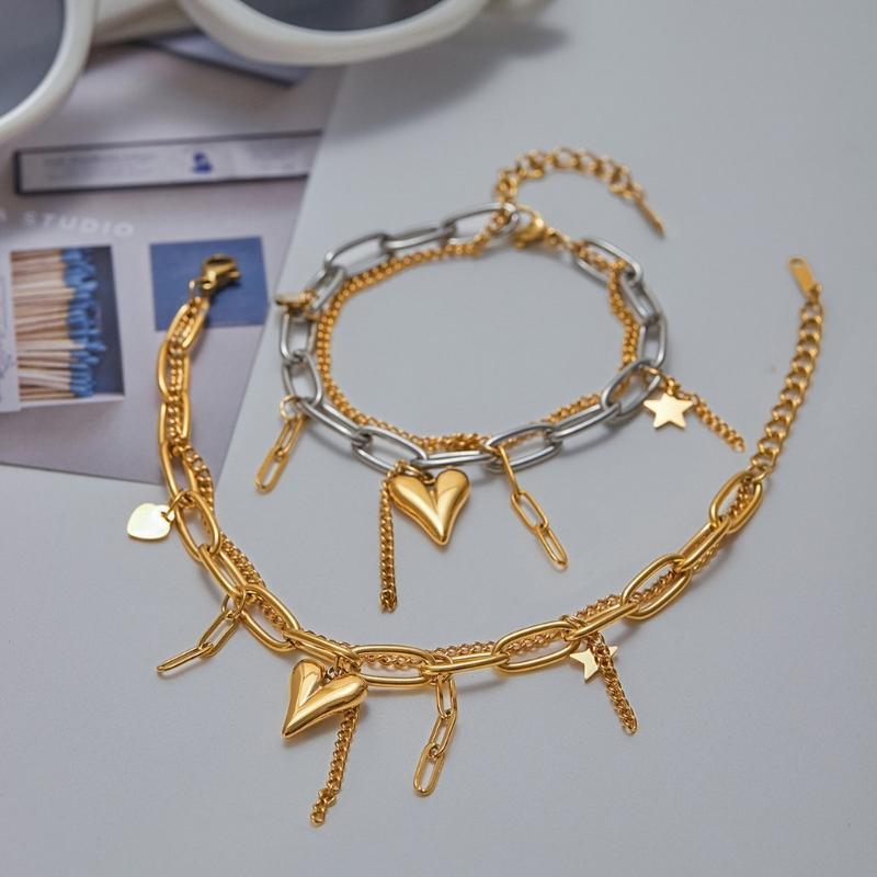 Elegant Stainless Steel Layering Heart Charm Adjustable Wrist Chain Bracelet For Everyday Wear Casual Formal Outfit