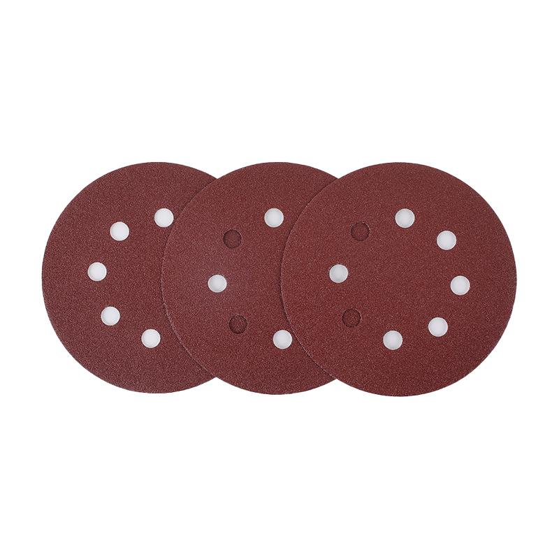 5-Inch 8-Hole Flocked Red Sandpaper Disc, Brown Corundum, for Metal Rust Removal and Putty Sanding