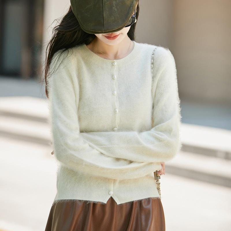 Women's Autumn/Winter Brushed Wool Knit Cardigan - Versatile Round Neck Sweater