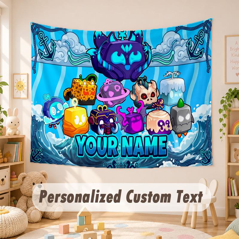 Arazzo Personalizzato con Nome e Testo, Appeso da Parete Boho Blox Fruits, Arazzo Decorativo per Sfondo Stanza