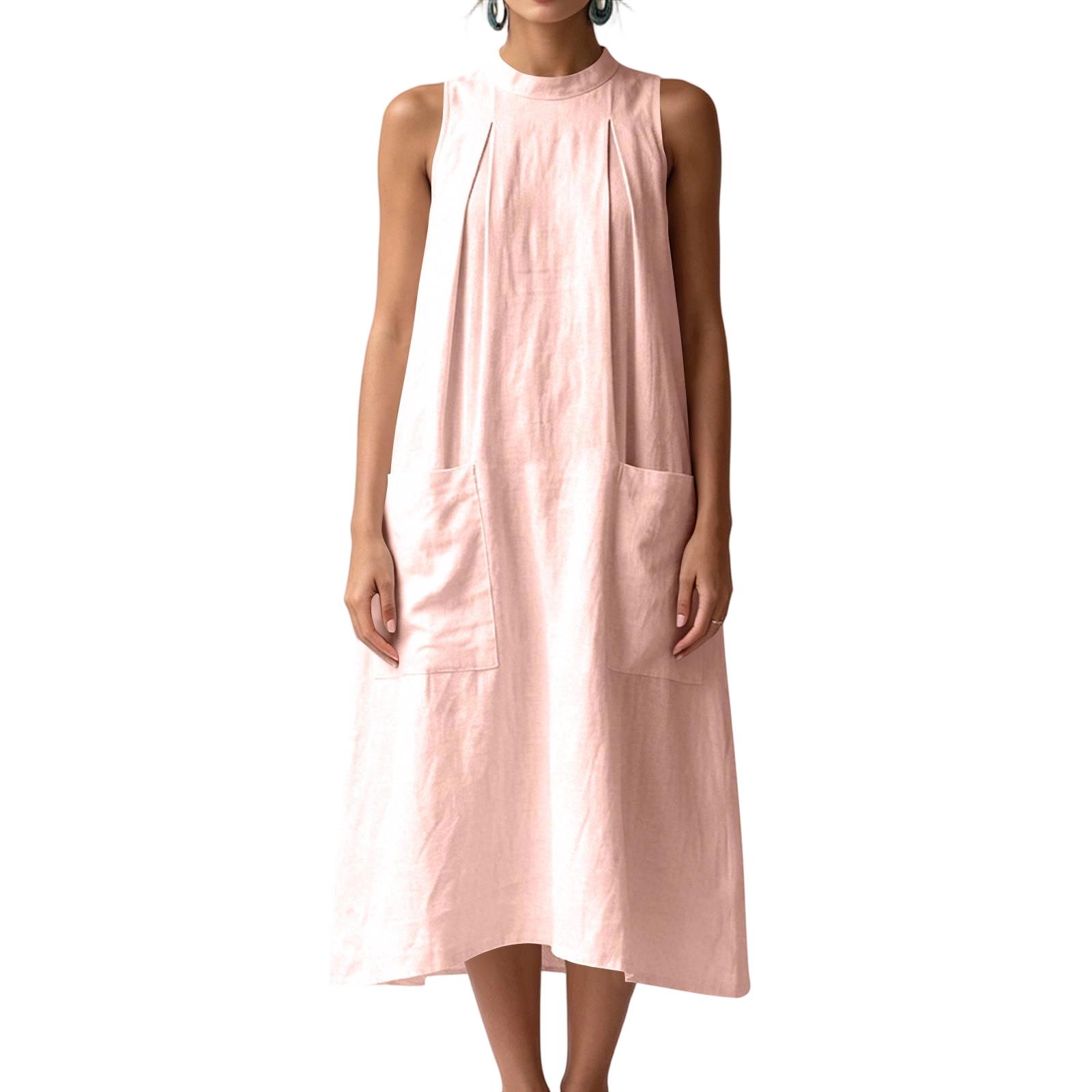

Women Sleeveless Stand Collar Cotton Linen Dress Vintage Loose Fit Midi Dress with Front Pockets for Summer Casual Wear XXL рожевий