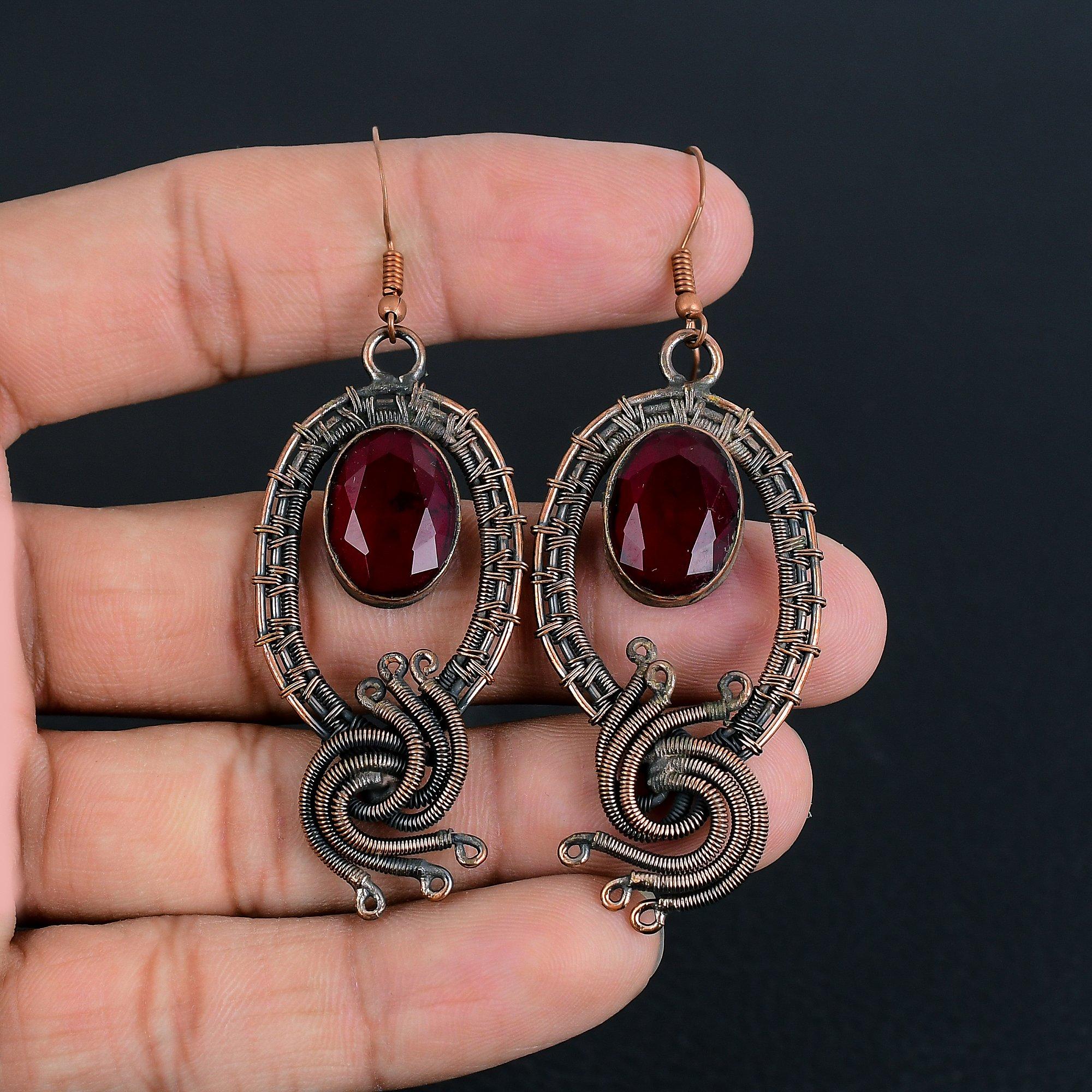 

Рубиновые серьги Ювелирные изделия из драгоценных камней, Серьги ручной работы, обернутые медной проволокой 999 пробы, Ювелирные изделия новейшего дизайна 2.55 Inches