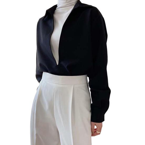 

Цветная теплая свободная блузка большого размера с воротником и глубоким однотонным V-образным вырезом, элегантная деловая блузка средней длины с отложным воротником M