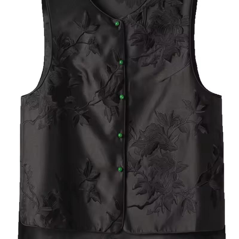Chinese Style Tang Suit Acetate Satin Vest Jacket Women's Spring Autumn Fashion Heavy Embroidery Shoulder Pad Sleeveless Top