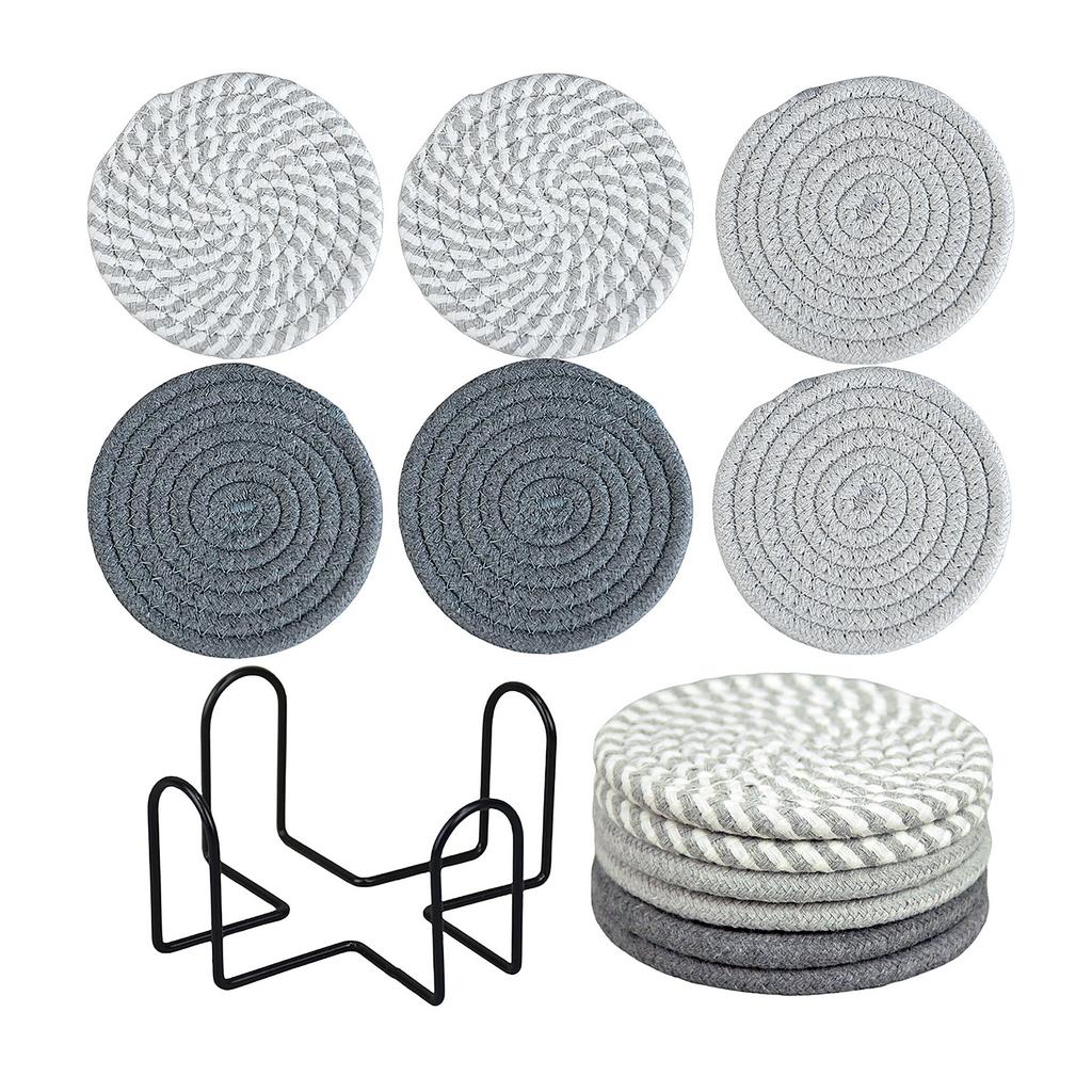 Set of 6 Round Woven Cotton Yarn Placemats with Non Slip Heat Resistant Surface and Metal Storage Rack for Dining Table Protection