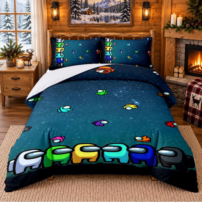 Among Us Pattern Bedding 3Pcs Set Bed Sheet And Pillowcases For Indoor Bedroom