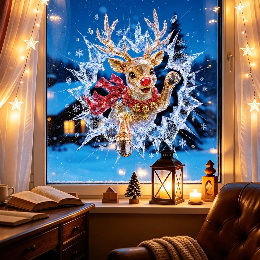 3D Crystal Reindeer Static Cling Window Sticker Christmas Decoration Removable No Residue Glass Storefront Decor