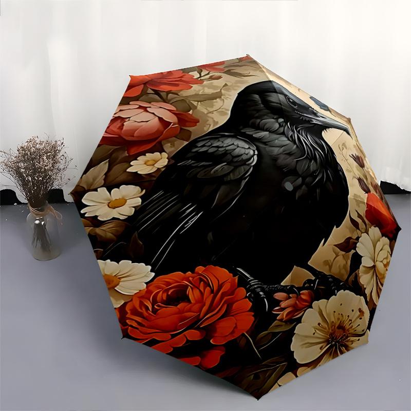 1pc Elegant Raven with Flowers Automatic Opening Folding Umbrella, Outdoor, Perfect Gift for Fans, Travelers, Everyday Use.R032