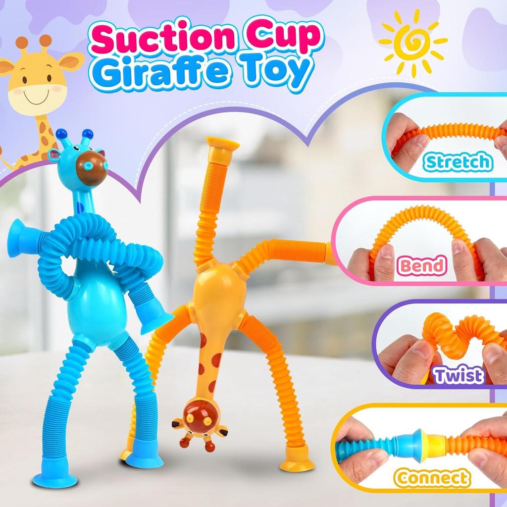 Giraffe Sensory Travel Toys 4Pcs Suction Airplane Autism Pop Tube Fidget Toys Autistic Easter Basket Stocking Stuffer Gift