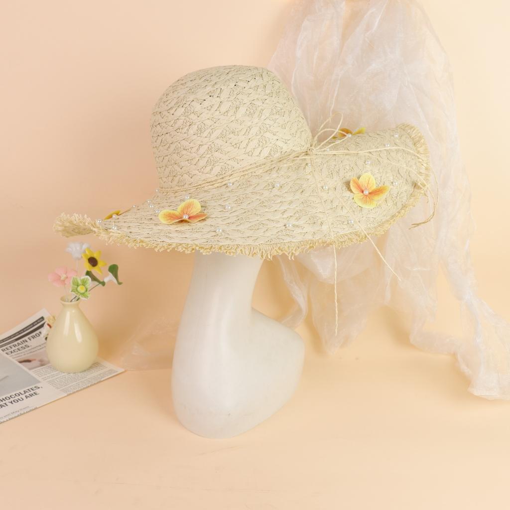 Elegant Floral Straw Hat Beach Sunshade Hat Outdoor UV Protection Breathable Summer Spring Autumn Hat
