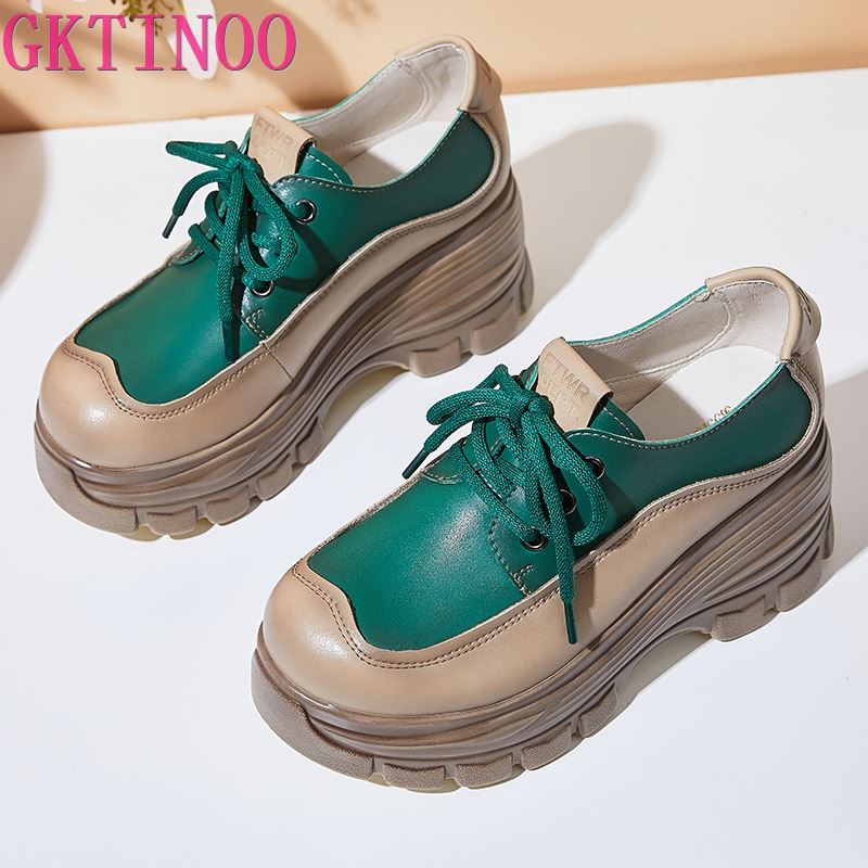 Fashion GKTINOO 2024 Fashion Spring Women Shoes Genuine Leather Lace-Up Flat Platform Sneakers Women Thick Bottom Casual Shoes Footwear