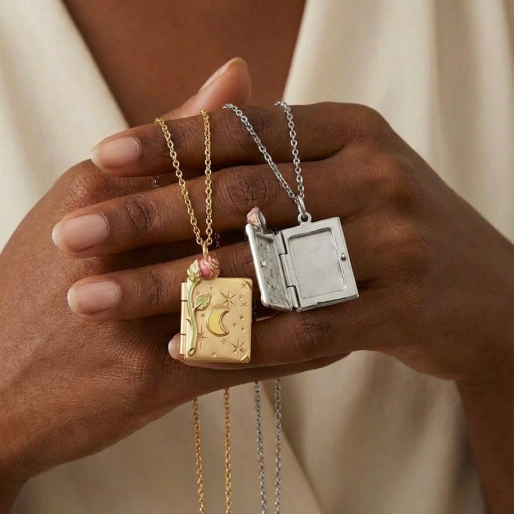 Vintage Book Necklace With Gold And Silver Star Moon Pendant For Women And Men