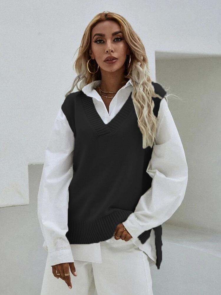 

Женский приталенный свитер-жилет без рукавов с V-образным вырезом - Весенняя коллекция One Size чёрный