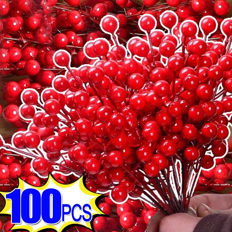 100/1 Stück Künstliche Rote Beerenstiele Kunststoff Weihnachts-Stechpalmenbeeren Zweige DIY Weihnachtsbaumschmuck Neujahrsparty Dekoration Geschenk