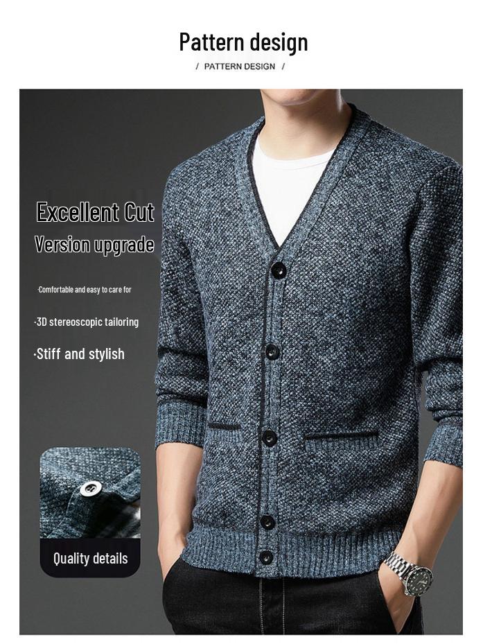 Men's Autumn/Winter Plus Velvet V-Neck Long Sleeve Cardigan Sweater