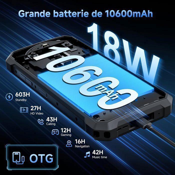 Telephone Portable Incassable FOSSiBOT F109S 24+256Go 6,75" 10600mAh Smartphone Robuste Caméra 50MP Téléphone Dual SIM/NFC/GPS Noir