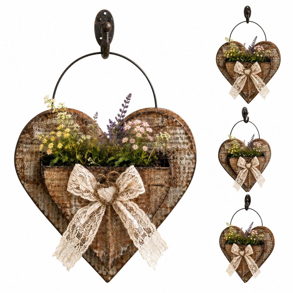 Vintage Rustic Wrought Heart-Shaped Wall Hanging Flower Basket for Home Décor