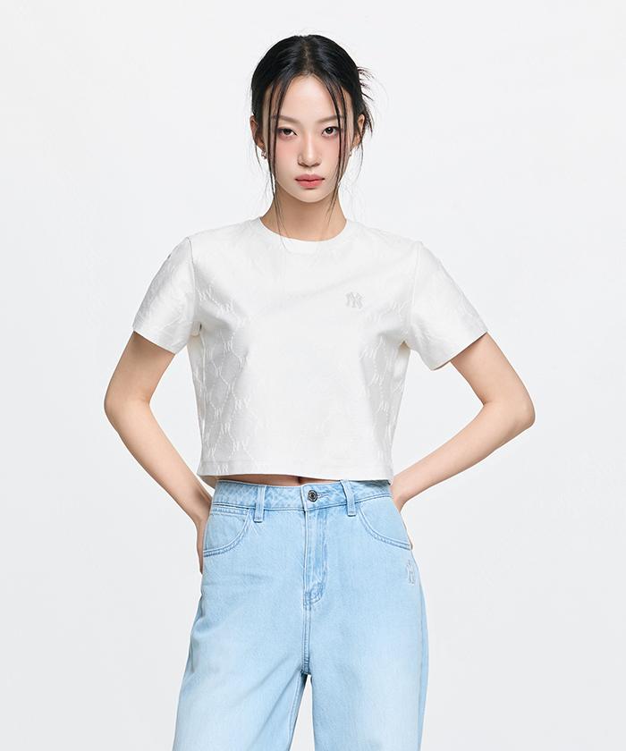 Emelbi Women'S Diamond Monogram Tone-Tone Jacquard Crop Short Sleeve T-Shirt Ny (Ivory)