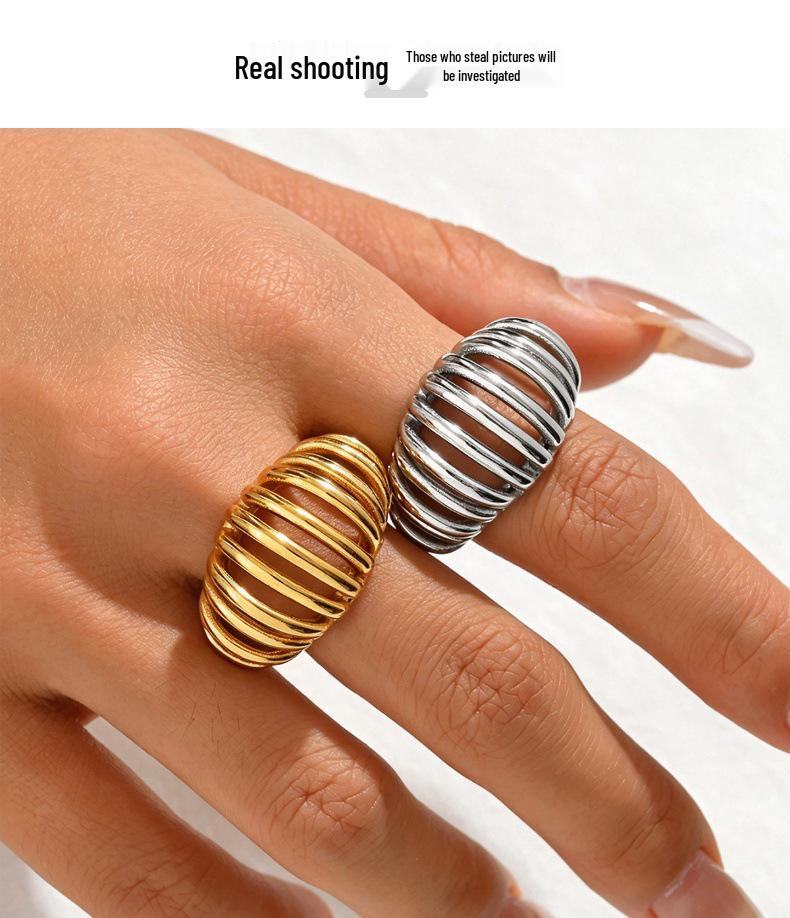 High-End Adjustable Stainless Steel Geometric Hollow Ring for Women