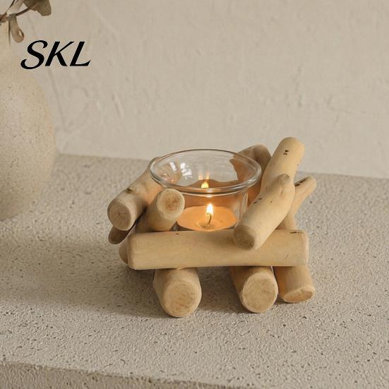 Stable Wood Candle Stand Wooden Glass Holder, Rustic Driftwood Ornament, Farmhouse Rural Home Decor Holder Tabletop for Living Room Bedroom