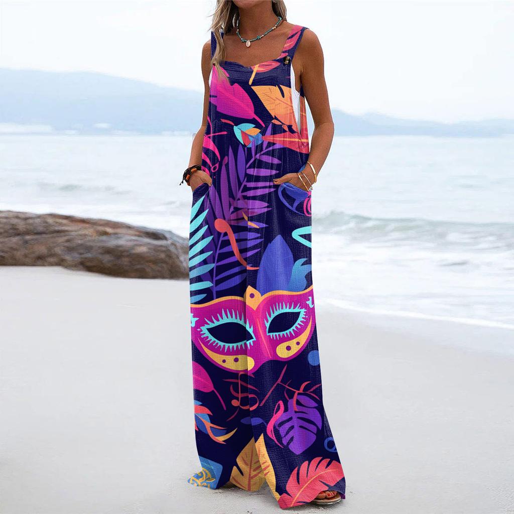 Wide Leg Overalls For Women Casual Loose Sleeveless Print Button Long Pant Romper Jumpsuit With Pockets