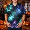 Men's Halloween Print V-Neck Scrub Top with Pocket Short Sleeve Uniform Shirt