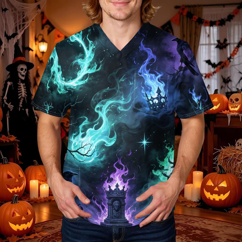 Men's Halloween Print V-Neck Scrub Top with Pocket Short Sleeve Uniform Shirt
