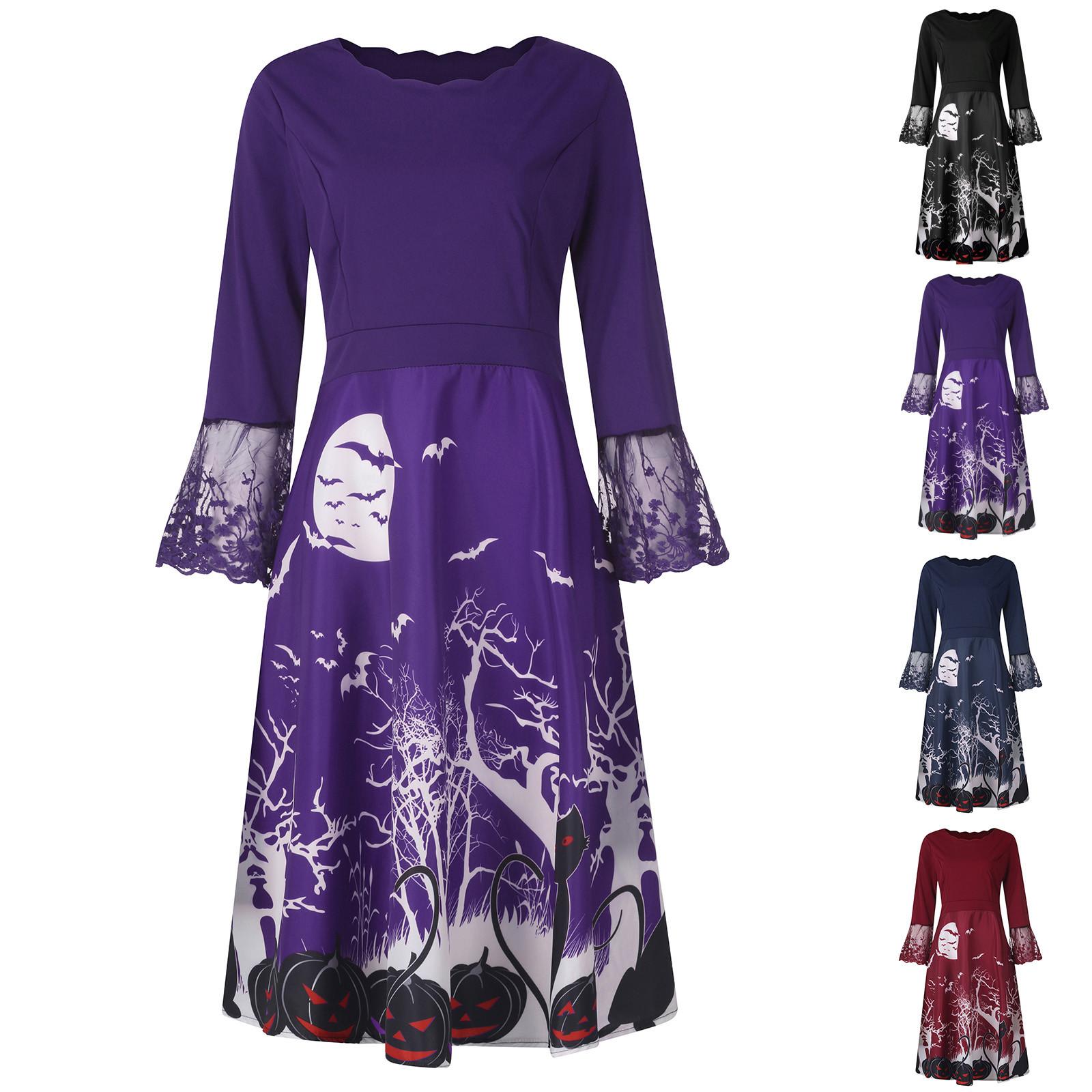 

Женский винтаж O Шея Длинный рукав Хэллоуин Принт Вечерняя вечеринка Выпускное платье