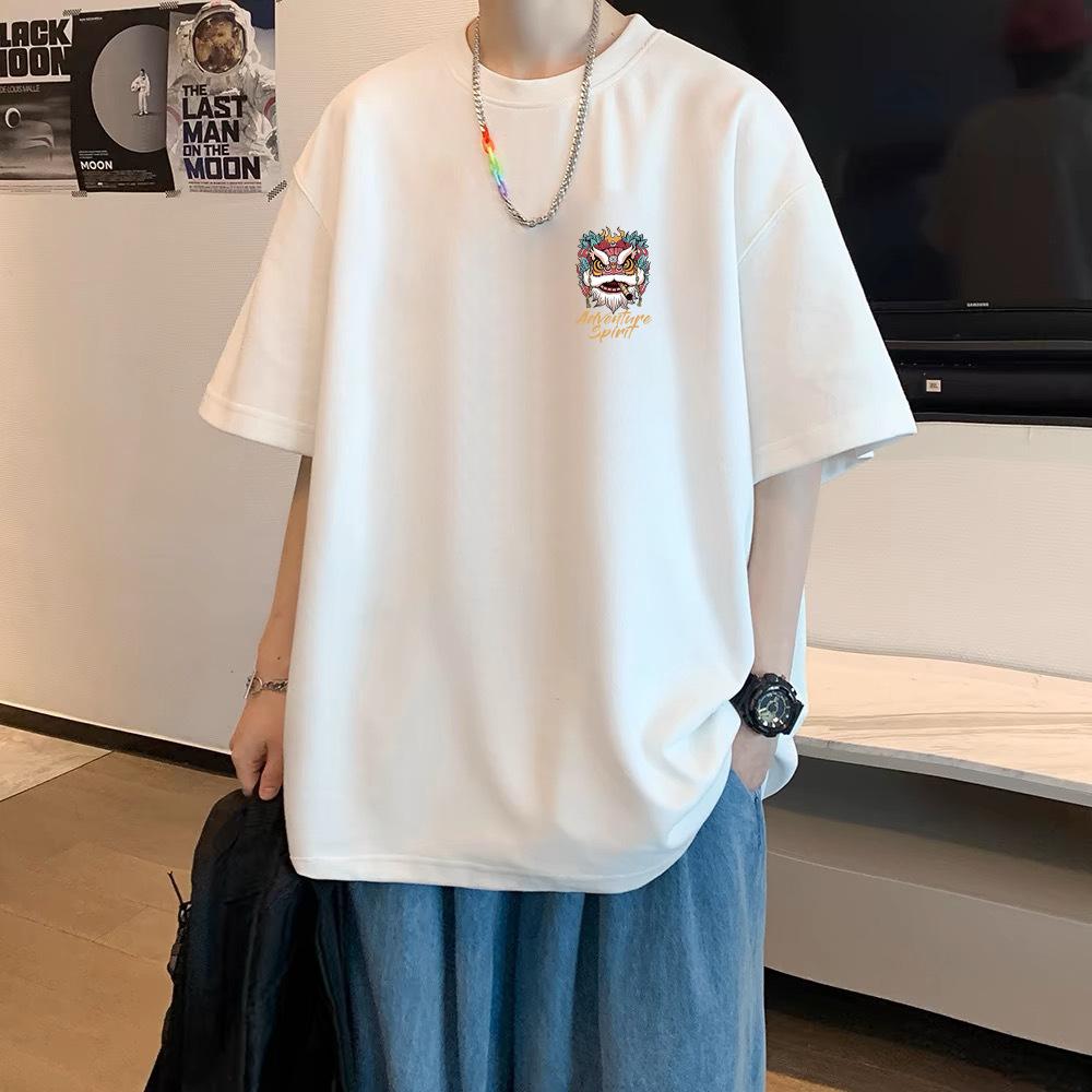 Summer Cotton Short-Sleeved T-Shirt Men'S Loose Fashion Trendy Top Daily Versatile Crew Neck T-Shirt