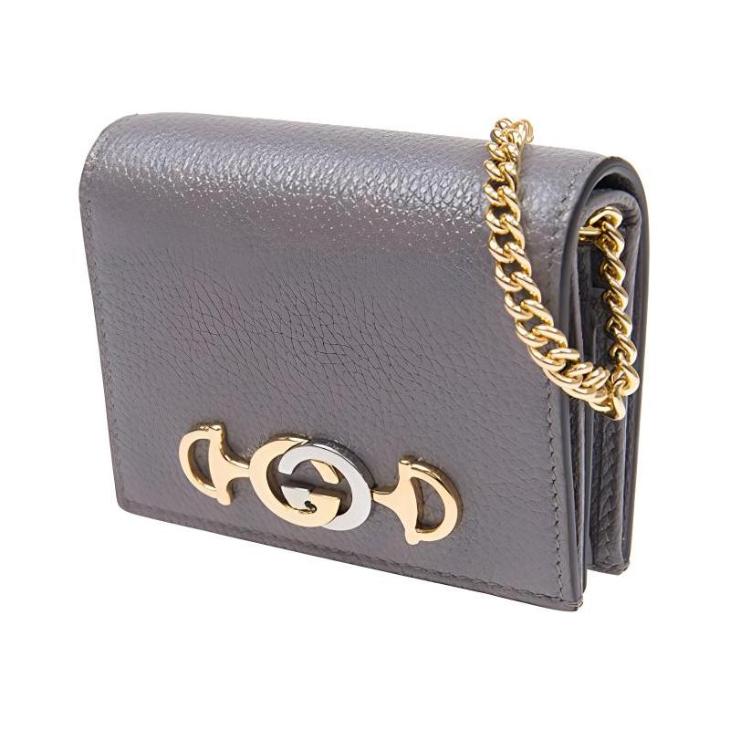 Gucci Zumi Double G buckle grained leather chain card holder wallet handbag women's gray classic recommendation