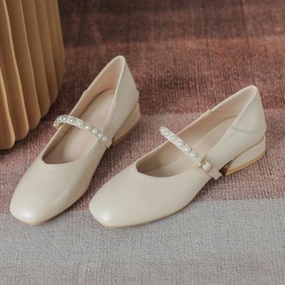 Korean Version Mary Jane Womens Shoes Mid Heel 2024new Fashion Casual Simple All-match Thick Heel Small Leather Shoes Summertime