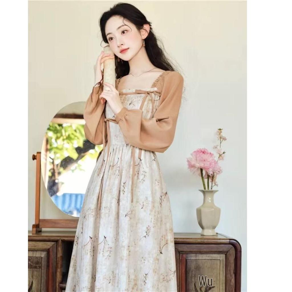 2025 Retro High-End Floral Print Fake Two-Piece Dress - Unique & Stylish Women's Niche Long Dress