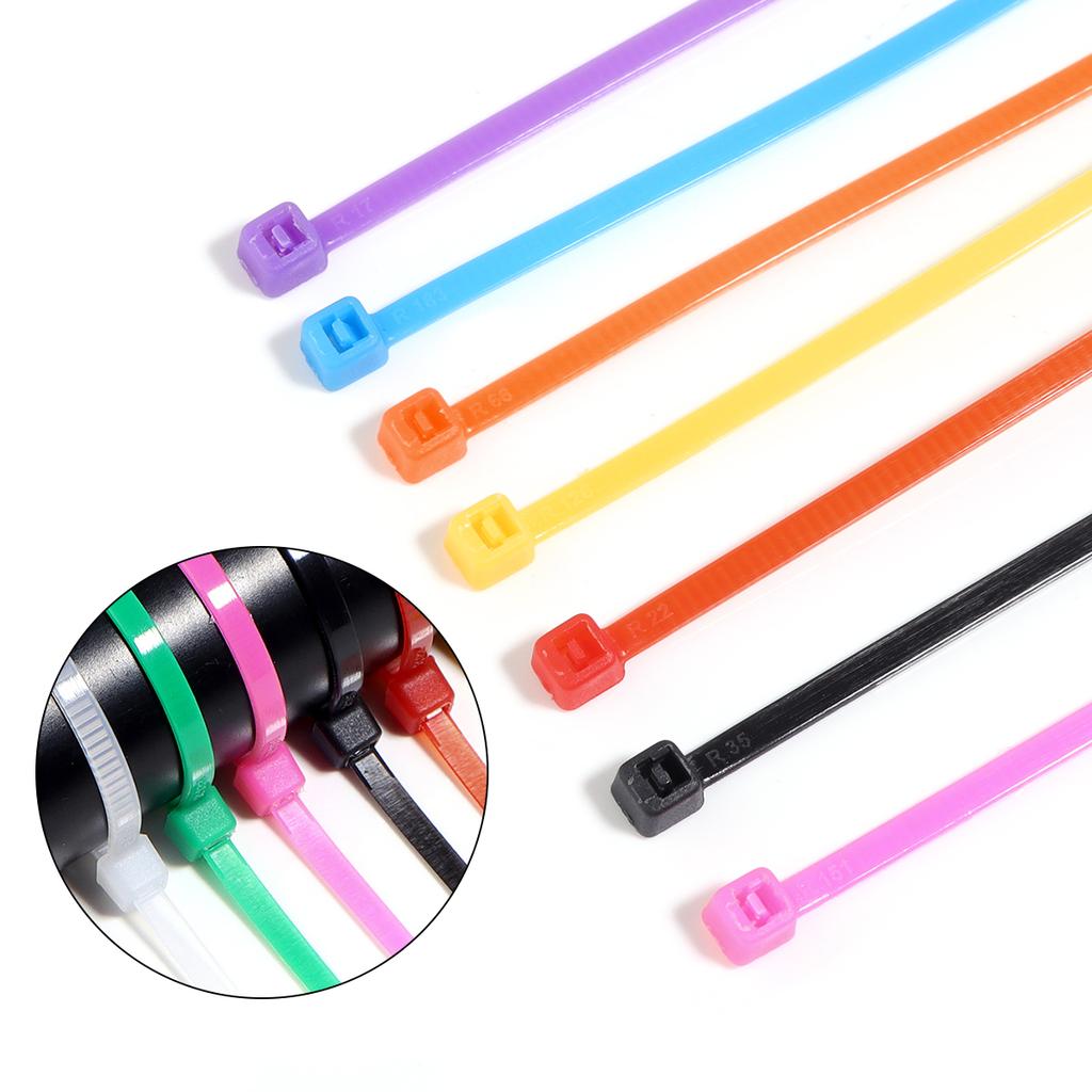 100 Stück/Los Selbstverriegelnde Kunststoff-Nylon-Kabelbinder Bunte Reißverschluss-Wickelbänder Nylon-Kabelbinder-Set Befestigungsring Schlaufe Drahtwickel