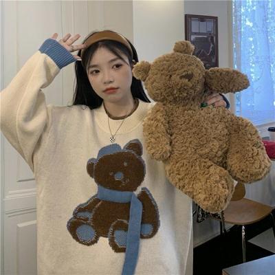 Autumn Winter Women’s Sweater  Bear Letter Pattern Cute Loose Knitted Long Sleeve V Neck Ladies Tops