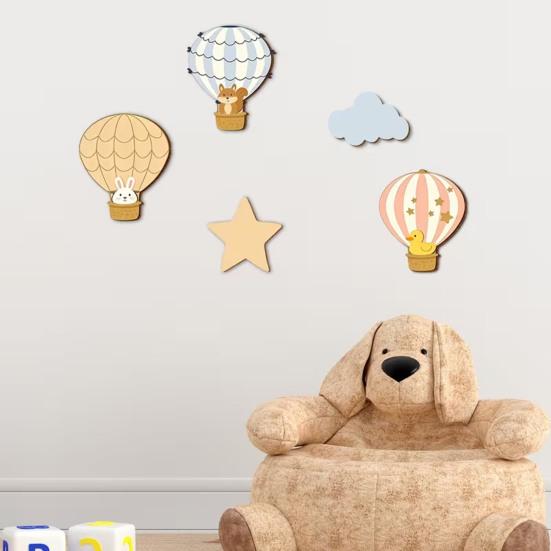 5 Pcs Wooden Star Cloud Hot Air Balloon Nursery Decor Boho Style Cartoon Animals Hot Air Balloon Wall Art for Kids Bedroom Classroom Playroom