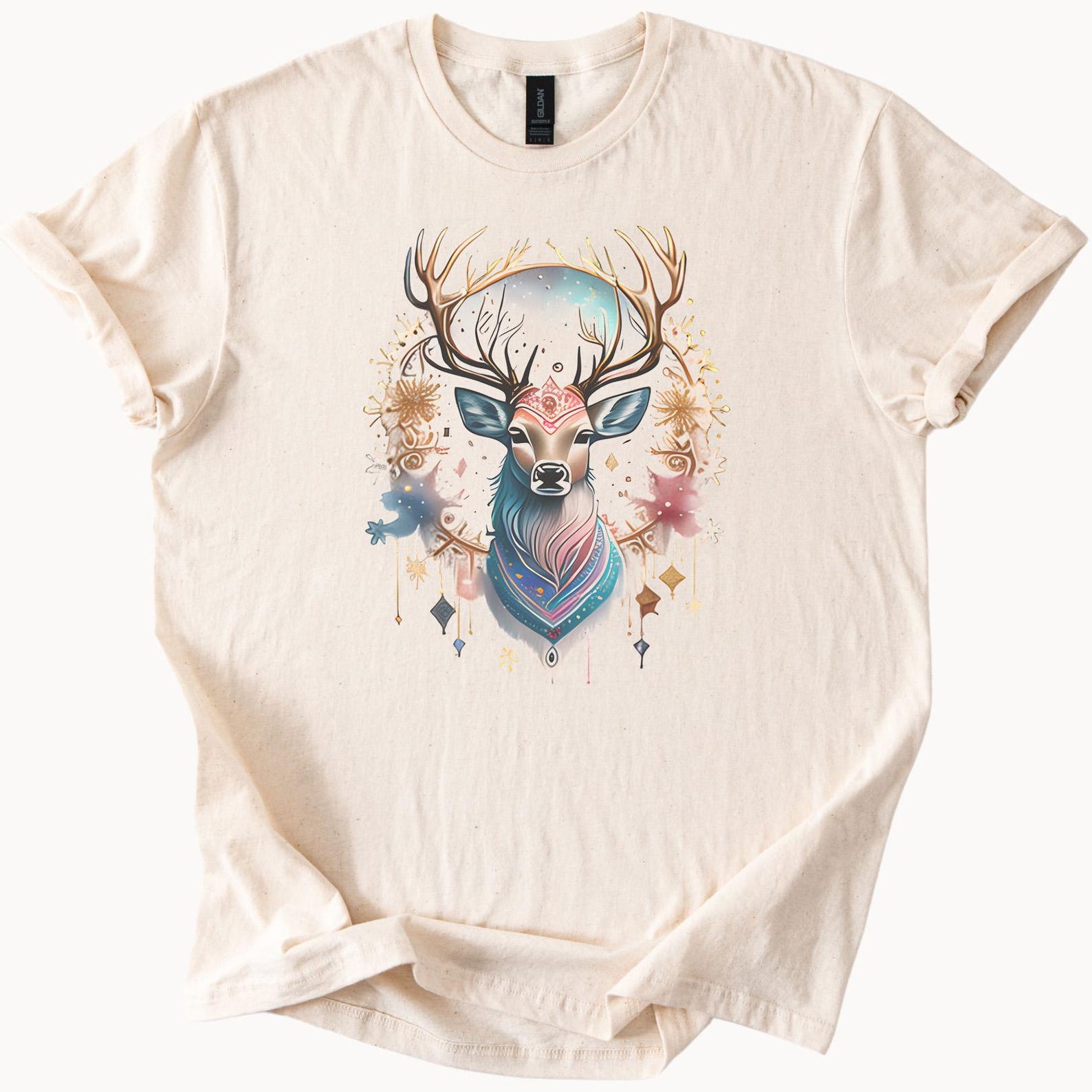 Mystical Deer Art Graphic Shirt Antler Animal Spirit Shirt Boho Nature Forest Scene Spiritual Animal Tee Colorful Wildlife Shirt 130