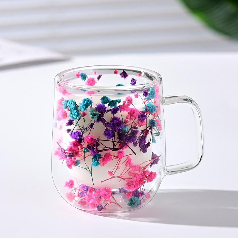 Double-Wall Dried Flower Glass Mug - Heat-Resistant Decorative Coffee/Tea Cup (Multi-Color Options)