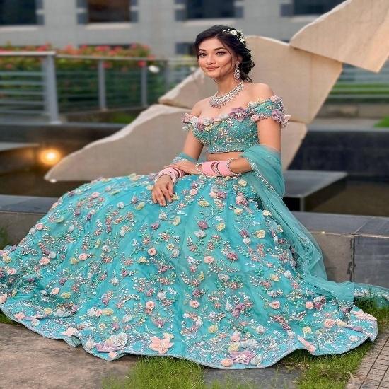 Women s Aqua Blue Faux Georgette Floral Embroidered Semi-Stitched Lehenga Choli Set with Sequins Work & Dupatta FREE SIZE синий