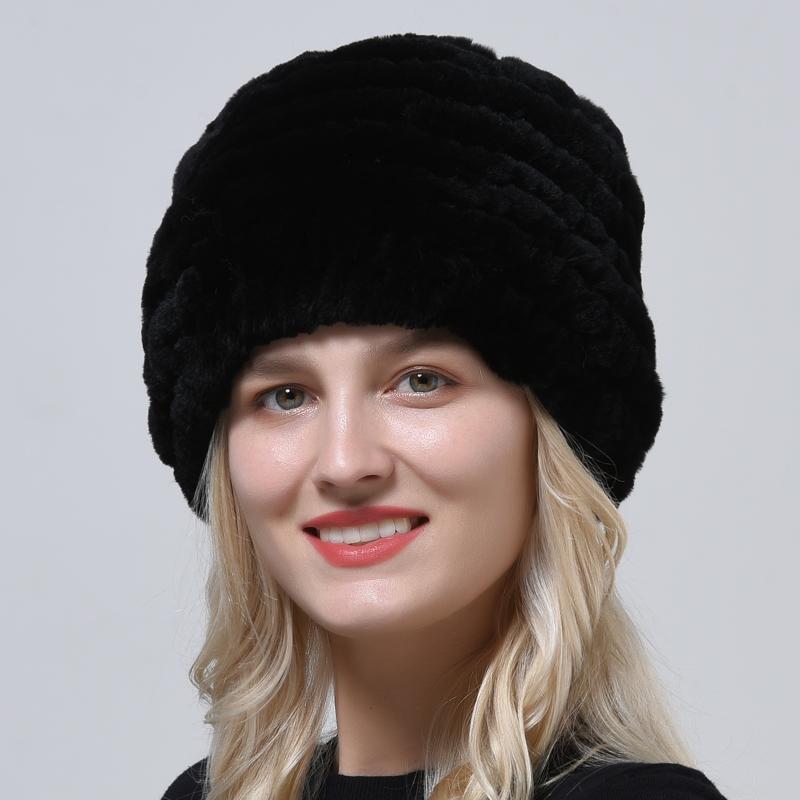 

Женская зимняя теплая шапка-бини из натурального кроличьего меха, толстая вязаная шапка, классическая популярная шапка для мамы, балаклава One Size чёрный