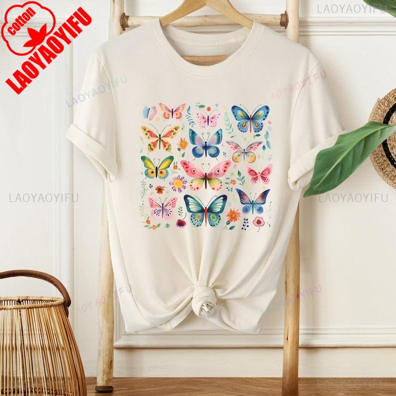 Cute Butterflies Pattern Wildflowers Butterfly Boho Botanical Cottagecore Floral Shirt Nature Lover Fern Printed Tshirt Tops