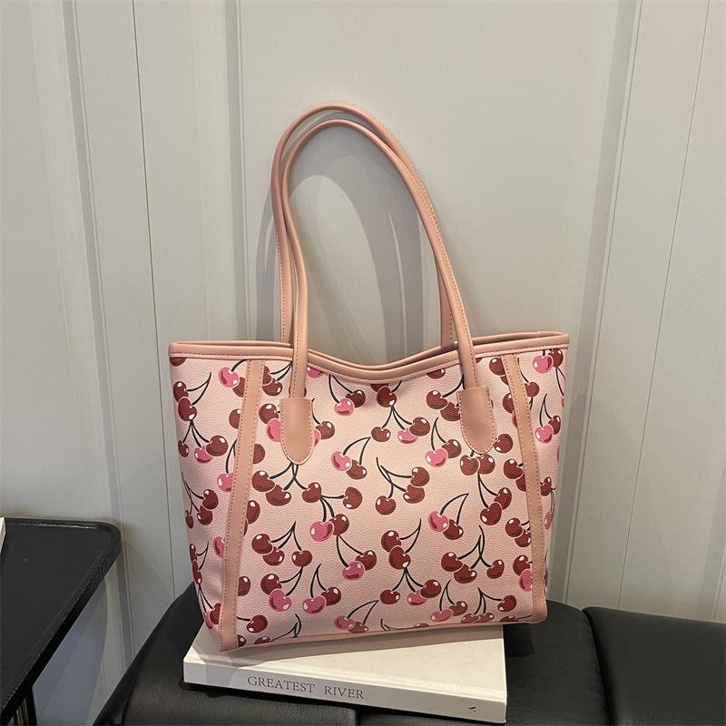 Vintage Cherry Print Large Capacity Women Casual Commute Single Shoulder Tote Bag