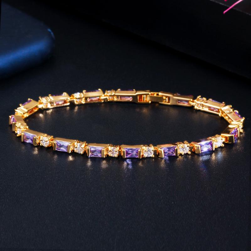 S0160 Option Multicolore, Bracelet Zircon Carré Rond, Bijou de Main Plaqué Or Véritable.