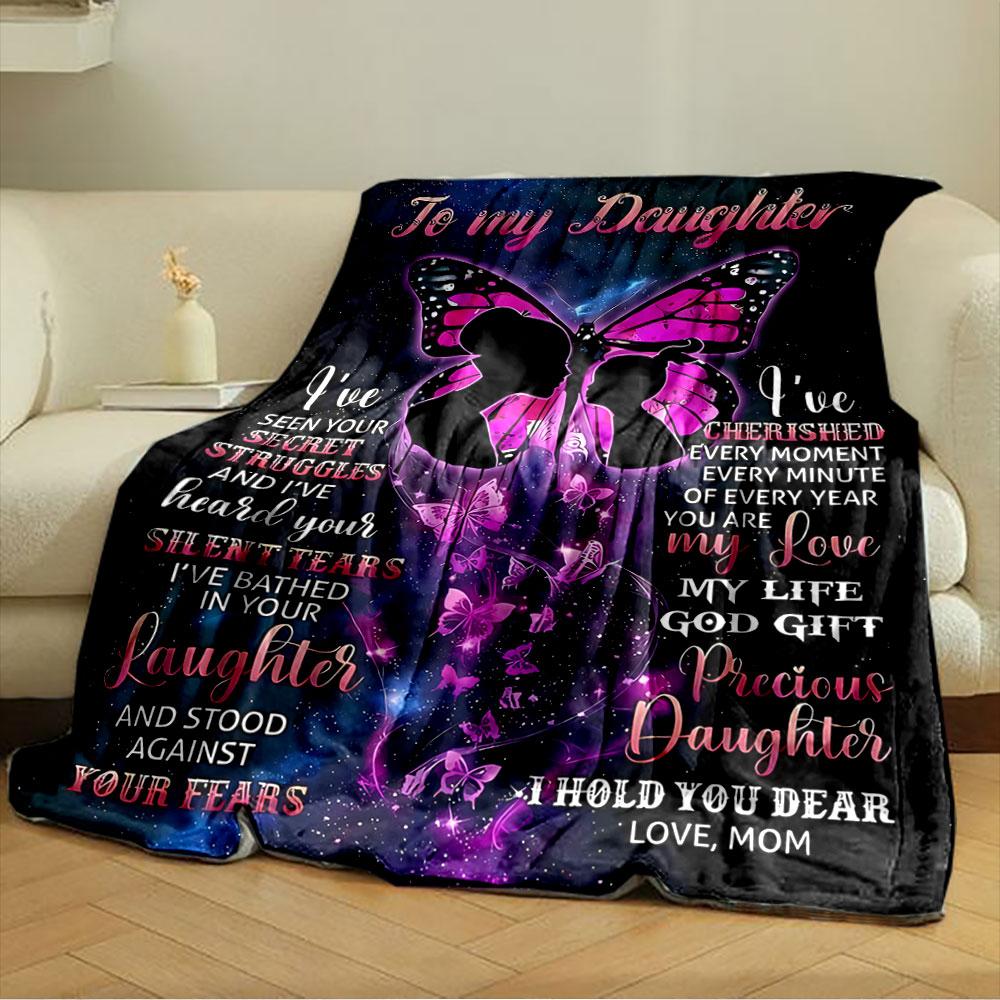 A pink butterfly and silhouettes with heartfelt text on a cosmic background. for all seasons blanket lunch break throw gift