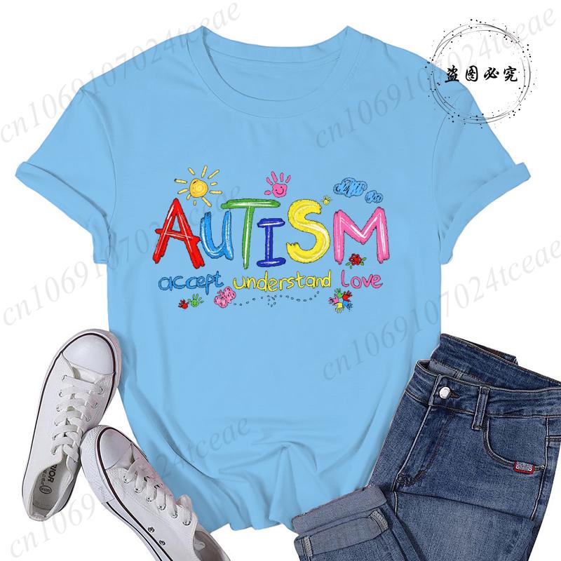 Brushstroke Autism Print Women's Streetwear T-Shirts Female T Shirts Autism Awareness Fashion Graphic Tees Tops Women Clothing