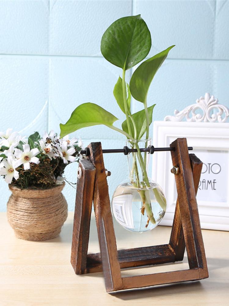 Glass and Wood Vase Planter Terrarium Table Desktop Hydroponics Tray Home Decor Plant Bonsai Flower Pot Hanging Pots with Wooden