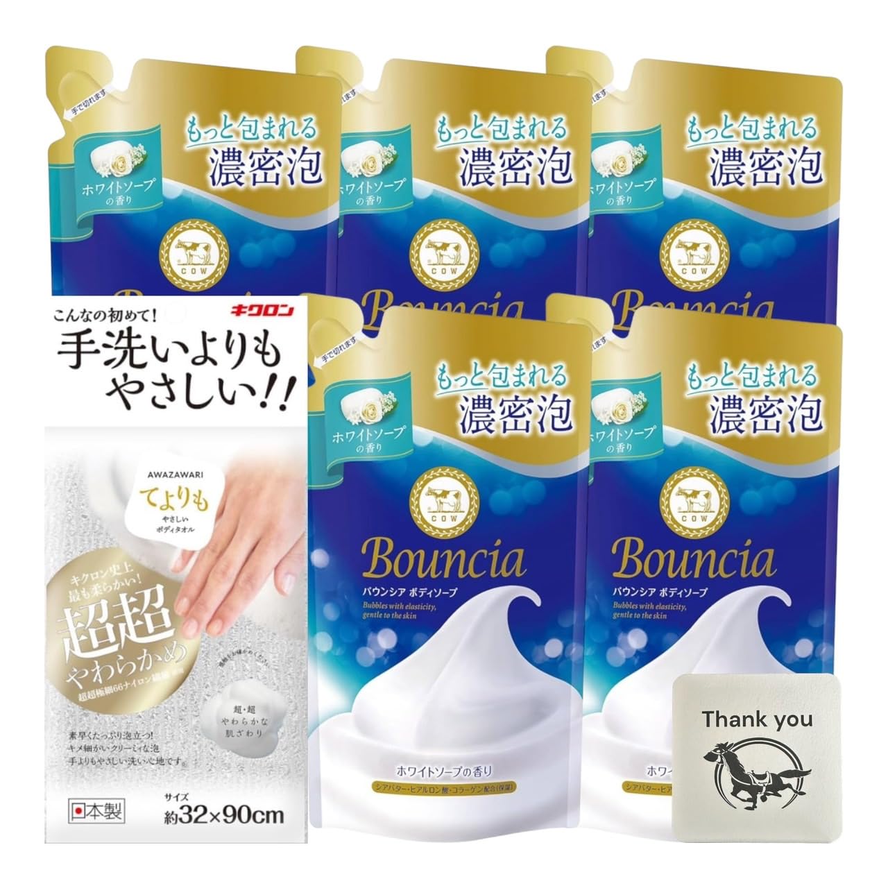 

Bouncia Body Soap White Soap Scent Refill 360ml x 5 + Kikuron Awazawari Gentle Body Towel Pearl White x 1 + Kunutonn Original Logo Bonus Item