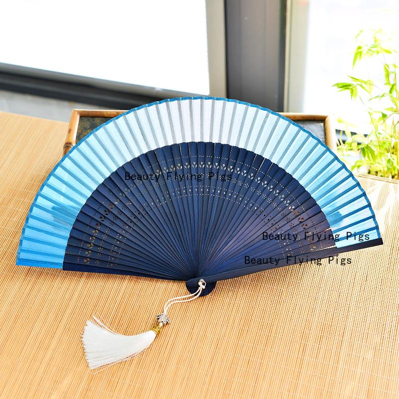 Chinese Custom Folding Fan Simulated Silk Fan Surface Bamboo Fan Bones Stage, Stage Props Decorative Crafts Chinese Culture