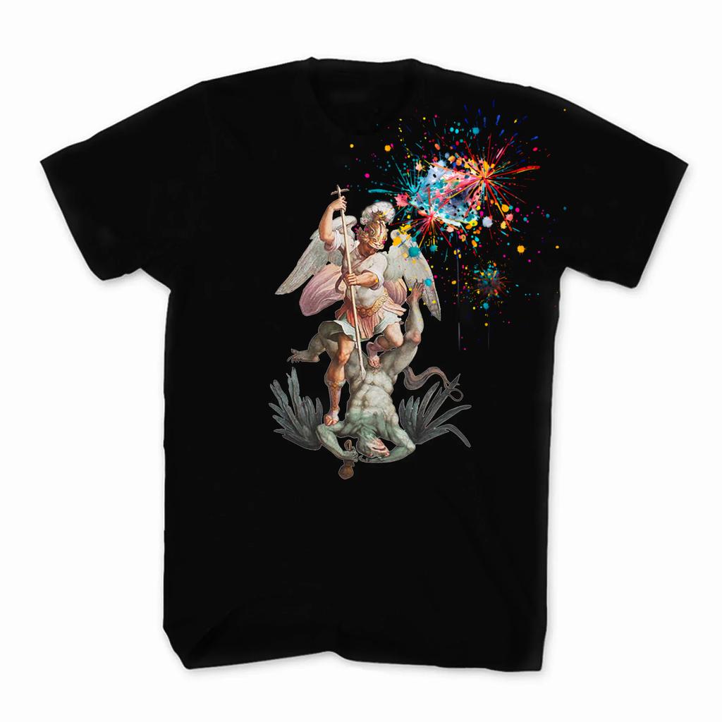 St. Michael Fighting Devil with Fireworks T-shirt