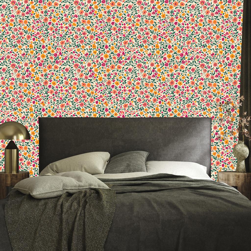 Wallpaper Small Flowers Beige and Green for Living Room and Bedroom 50x1000
