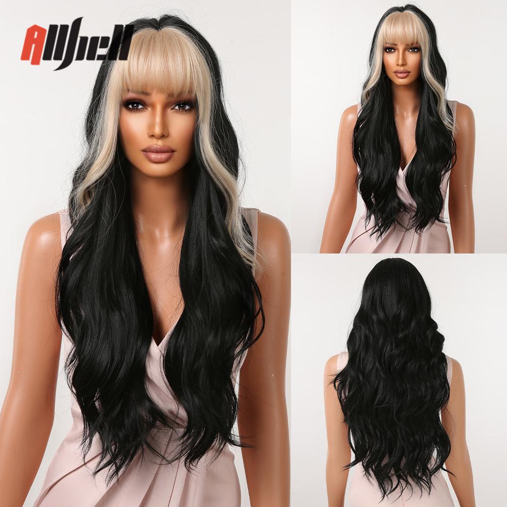 Long Wavy Black Ombre Brown Wigs With Bangs Synthetic Natural Wave Wig for Black Women Heat Resistant Fake Hair Cosplay Wig